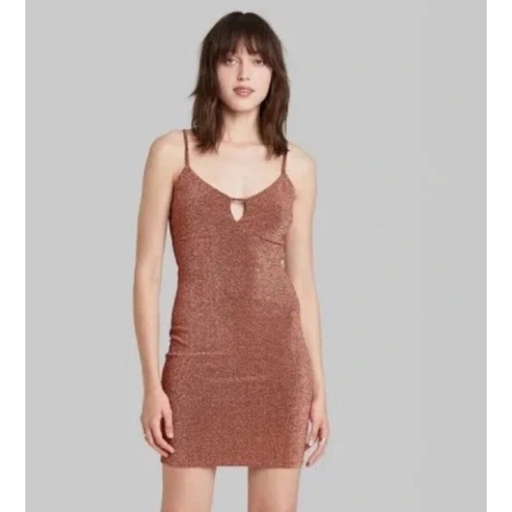 NEW Sparkly Bronze Jr Sz Large Stretchy Open Back Bodycon Mini Party Club Dress